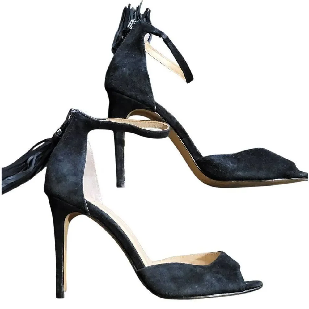 Botkier Heels Women's 7 Black Anna Tasseled Suede Leather Peep Toe Stiletto